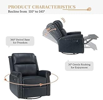 HULALA HOME Genuine Leather Power Recliner Chair with USB Port, Modern Electric Swivel Rocker Glider Recliner with Nailhead Trim & Metal Base- for Living Room Bedroom Home Theater, Navy