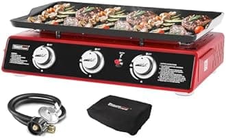 Royal Gourmet PD1301R 3 Burner Tabletop Propane Gas Griddle with Cover, 24 Inch Portable Griddle with 25,500 BTUs Output for Outdoor Cooking While Camping or Tailgating, Red