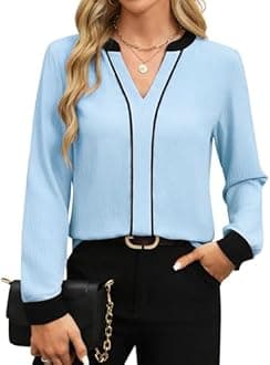 Fayenne Womens Tops Dressy Casual V Neck Color Block Business Casual Blouses Long Sleeve Work Shirts Fall Trendy Clothes