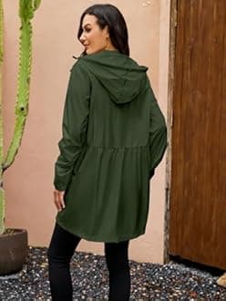 PITINAN Windbreaker Jacket Women Hooded Travel Rain Jacket Active Outdoor Quick Dry Packable Raincoat Women With Zippered Side Pockets Army Green XL