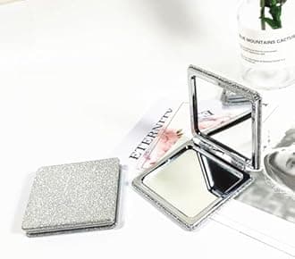 mpowtech Square Silver Compact Mirror for Women,Small Magnifying Travel Mirror with Glitter,Portable 2 x 1x Magnification Folding Pocket Makeup Mirror Cosmetic Mirror for Gift Travel Essentials