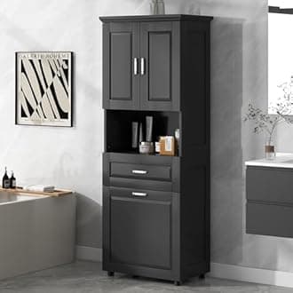 SOFTSEA 69" Tall Tilt-Out Laundry Hamper, Tall Bathroom Storage Cabinet with Tilt-Out Laundry Hamper Basket, Bathroom Cabinet with Two Doors, Drawer and Open Shelf, Black