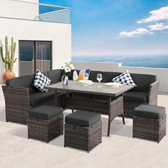 7 Pieces Patio Furniture Set, Outdoor Patio Furniture, Wicker Conversation Set with Dining Table, Chairs and Ottoman (17 Modern Gray)
