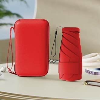 Windproof Mini Travel Folding Umbrella - UPF 50+ Sun & Rain Protection, Small Compact Lightweight Design Fits in Pocket or Bag, Eco-Friendly Fabric Wallet Umbrella for Commuter, Men Women Boys Girls （Red）