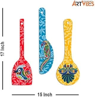 Artvibes Birds Wooden Wall Hanger Spoons for Home | Office | Living Room | Gift | Modern Decoration Items | Kitchen Wall Decor | Home Decor Hanging Items (WH_5021N), Set of 3