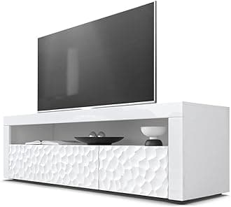 Vladon Valencia Lowboard, TV Unit with 1 Open Compartment and 2 Drop-Down Doors, White/White High Gloss Calypso 3D Structure/White High Gloss (155 x 46 x 40 cm)