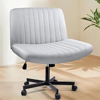 Criss Cross Chair with Wheels, Cross Legged Office Vanity Chair with Wheels, Comfortable Grey Vanity Chair with Back, Grey Fabric Armless Wide Swivel Criss Cross Desk Chair for Home Office