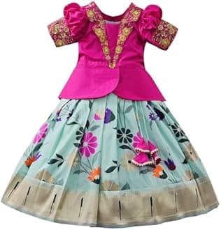 White Button Satin New South Indian Traditional Collar Digital Pattu Pavadai Readymade Lehenga Choli For Girl's Dress