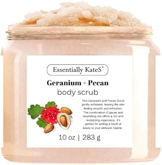 Geranium + Pecan Body & Foot Scrub 10 oz - a refreshing exfoliating experience, leaving your skin feeling smooth, soft, and revitalized - The best stocking stuffer.