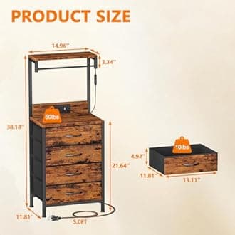 Furnulem Night Stand with Charger Station, 38'' Tall Nightstand with 4 Fabric Drawers and LED Lights, Bedside Table with Storage Shelf for Bedroom, Office, Metal Frame, Wood Shelves, Rustic Brown