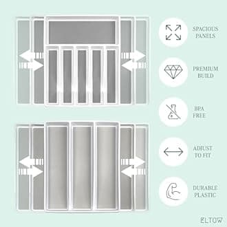ELTOW Expandable Silverware Drawer Organizer & Utensil Tray Set, Non-Slip Kitchen Drawer Organizers and Storage, Kitchen Organization for Utensils, Cutlery, Office Supplies, Flatware Storage - White
