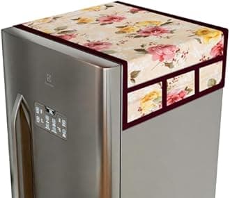 Kuber Industries Fridge Top Cover | PVC Fridge Top Cover | Flower Fridge Top Cover | Refrigerator Cover with 6 Side Pockets | Refrigerator Top Protector | Appliance Cover | Beige