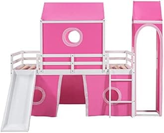 Harper & Bright Designs Twin Loft Bed with Slide & Curtains and Tower, Solid Wood Low Loft Bed Frame with Tent, Twin Floor Bunk Bed for Kids Girls Boys (Pink)
