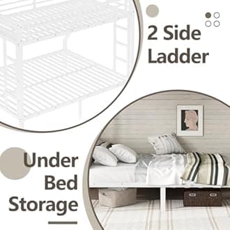 Twin XL Over Queen Bunk Bed,Heavy Duty Metal Bunk Bed Frame for Adults,2 Side Ladder,Guardrail,Space-Saving,Noise Reduced,No Box Spring Needed,Black (White, Twin XL Over Queen)
