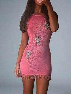 Faretumiya Women Starfish Sequin Mini Dress Square Neck Star Print Knitted Dress Sleeveless Bodydon Tank Dresses Beach Party