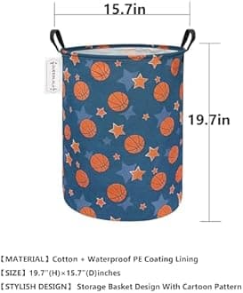 QUEENLALA Large Storage Basket,Laundry Hamper/Bathroom/Home Decor/Collapsible Round Storage Bin,Boys and Girls Hamper/Boxes/Clothing(Round-Basketball)
