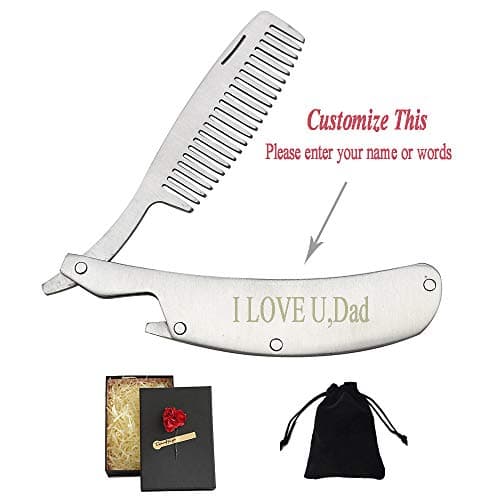LWBTOSEE Custom Engraved Stainless Steel Personalized Gift Customized Beard Comb Men's Hair, Beard and Mustache Styling Comb with Carry Case Folding Pocket Mental Comb