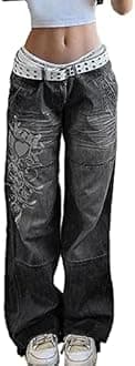 Xineicy Women's Low Rise Heart Pattern Baggy Jeans Washed Wide Leg Denim Cargo Pants