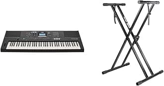 YAMAHA PSR-EW425 Digital Keyboard - Versatile, Portable & RockJam XX-363 Xfinity Doublebraced Pre Assembled Keyboard Stand with Locking Straps & Lessons.,Black