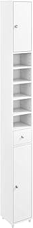 COSTWAY Slim Bathroom Tall Cabinet, Freestanding Storage Cupboard with 2 Doors, 1 Drawer & Adjustable Shelves, Wooden High Floor Cabinet Unit for Bathroom Living Room Kitchen, 20x20x180cm, White