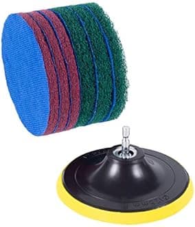 Kichwit 5 Inch Drill Powered Brush Tile Scrubber Scouring Pads Cleaning Kit, 2 Different Stiffness, 5-Inch Disc Pad Holder with 6 Scrubbing Pads, Cleans Large Flat Areas Perfectly (Drill NOT Included)
