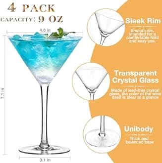 HEIP Martini Glasses Set of 4, 9 oz Crystal Cocktail Glasses, Hand Blown Crystal Martini Glasses for Espresso Martini, Cosmopolitan, Manhattan, Gimlet, Home Bar, Party, Martini Glassware Gift Set
