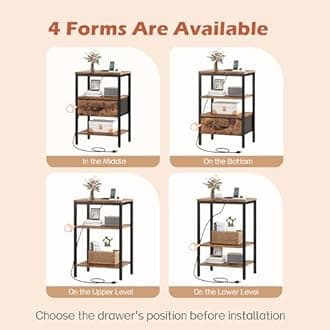 SUPERJARE Nightstand Set of 2, Bed Side Tables with Charging Station, Adjustable Fabric Drawer, Night Stand for Bedroom, 3-Tier Storage End Tables, for Living Room, Rustic Brown