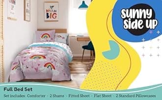 Sunny Side Up Rainbow Unicorns Full Comforter Set - 7 Piece Kids Bedding Includes Comforter, Sheets & Pillow Cover - Super Soft Pink Floral Microfiber Bed Set