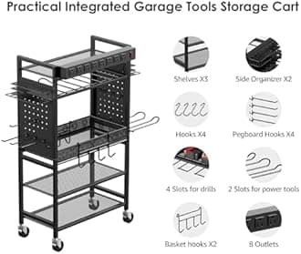 CCCEI Power Tool Organizer Cart with Charging Station, Garage Floor Rolling Storage Cart on Wheels for Mechanic, Mobile 6 Drill, Tool Box Utility Cart with Battery Charging Power Strip, Black