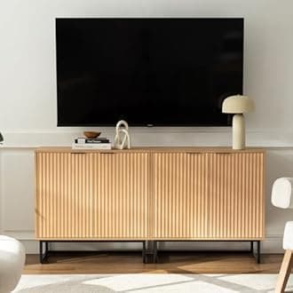 Fluted Storage Cabinet Set of 3, Sideboard Buffet Cabinet Modern Accent Cabinets with Adjustable Shelves, Credenza, Entryway Console Table for Living Room, Natural Oak