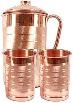 W-Tech Copper Jug Pitcher with 2 Glass Tumbler, Serveware and Drinkware, Ayurveda, 1500ml - Set of 3