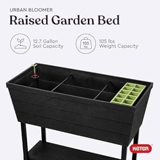 Keter Urban Bloomer 22.4 Gallon Resin Plastic Wood Look Elevated Raised Patio Garden Flower Planter Bed, Graphite