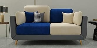 Velvet Contemperory Sofa Couch with Cushion Chaise Lounge Sectional Perfect for Living Room & Bedroom Guests Home & Office (2 Seater Blue & Beige)