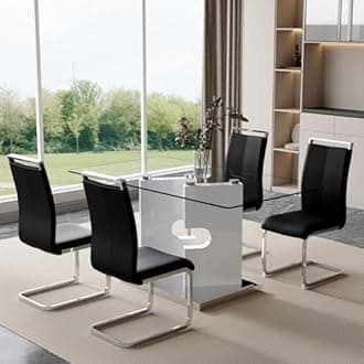 Glass Dining Table Set of 4, 63" Dinner Room Glass Table Set for 4, Modern Kitchen Dinner Table Set with 4 Upholstered Faux Leather Dining Chairs for Living Dining Office Room