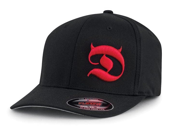 Horned D 6-Panel Men's Cap – Baseball Hat w/ Curved Bill, Red Front & Back Embroidery Design, True Fit - Black