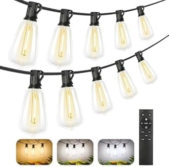 Brightever 3 Color in 1 LED Outdoor String Lights with Remote, 100FT Edison Hanging String Lights for Outside Dimmable, Outdoor Lighting for Patio Café Bistro with 52 ST38 LED Bulbs, 2700K/4000K/5000K