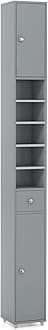 COSTWAY Slim Bathroom Tall Cabinet, Freestanding Storage Cupboard with 2 Doors, 1 Drawer & Adjustable Shelves, Wooden High Floor Cabinet Unit for Bathroom Living Room Kitchen, 20x20x180cm (Grey)