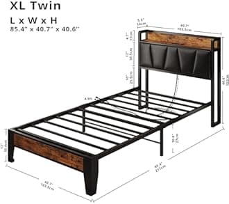 LIKIMIO Twin XL Bed Frame, Storage Headboard with Charging Station, Solid and Stable, No Noise, No Box Spring Needed, Easy Assembly (Vintage & Black)