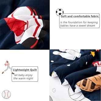 PERFEMET Sports Bedding Set Twin Size 4 Pcs Reversible Ball Sport Theme Comforter Set for Boys Girls Soft Reversible Navy Blue Baseball Football Kids Bed in a Bag(Sport, Twin)