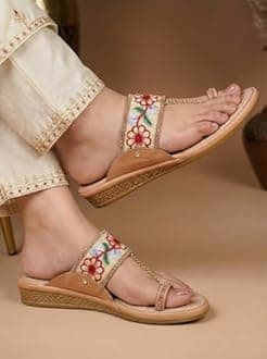 Kolhapuri Embroidered Chappal for Women | Flat Fashion Sandals | Ethnic Slippers for Girls | Ethnic Flat Sandals | Toe-Ring Festive Slippers | Slip On Ethnic Flats Chappal