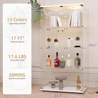 LFT HUIMEI2Y Glass Display Cabinet with LED Lights and Lock, 2 Door Curio Cabinets, Tempered Glass Collection Display Showcase for Bedroom, Living Room 65” White