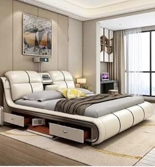 AWDSmart Bed King Size Provided with Projector Massage Bluetooth Speaker Storage Drawers Safe Air Purifier Clock Display Bedroom Essential King Size Bed Luxurious Modern Smart Bed. (Off-White)