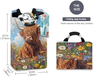 xigua Highland Cow Large Laundry Hamper with Handle, Foldable Clothes Hamper Collapsible Storage Basket for Toys and Clothes Organization in Bedroom, Bathroom, and Laundry Room