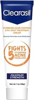 Clearasil Stubborn Acne Control 5 in 1 Spot Treatment Cream, Maximum Strength, Benzoyl Peroxide Acne Medication, Fights Blocked Pores, Pimple Size, Excess Oil, Acne Marks & Blackheads, 1 oz.