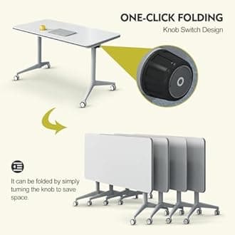 Folding Conference Table Modern Large Mobile Meeting Table Rolling Conference Room Tables with Wheels Seminar Tables for Office Training Classroom (2, White, 63" D X 19.7" W X 29.5" H)