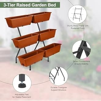 HEOMU 3 Tier Vertical Garden Planter with 6 Boxes, Vertical Raised Garden Bed with Adjustable Feet Pads, Raised Planter for Herb Flower Vegetable Plants in Patio Balcony Deck Indoor Outdoor, Brick Red