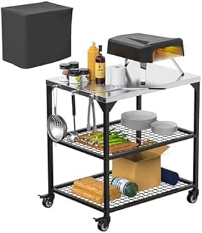 SafBbcue Outdoor Pizza Oven Table for Ooni, Blackstone, Cuisinart, Ninja Woodfire Grill Stand, Stainless Steel Rolling Kitchen Prep Island Cart with Wheels and Cover, Movable BBQ Work Grill Table
