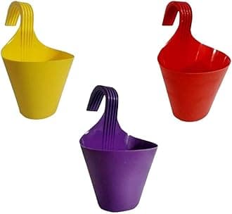 Go Hooked Plastic Hanging Planter for Plants, Railing Flower Pots, Pot Diameter (22 cm), Pot Height (17 cm) (Set of 3)(Multicolor)