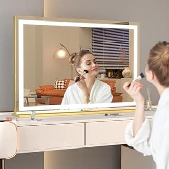 Hasipu Vanity Mirror with Lights, 80 x 58cm LED Makeup Mirror, Lighted Make up Mirrors with Touch Screen Control, 3 Dimmable Modess Square Gold