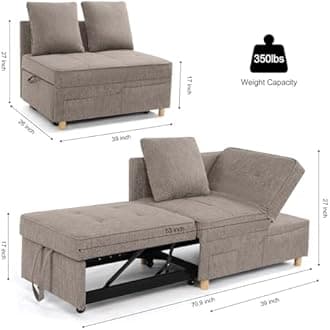 SEJOV Sofa Bed, 4-in-1 Convertible Sleeper Sofa, 3-Seat Pull Out Couch, Linen Fabric Sleeper Bed with 5 Adjustable Backrests & 2 Pillows for Small Space, Brown Grey